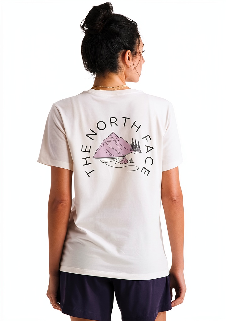 The North Face Women's Monte Tee in White Dune color on a hanger