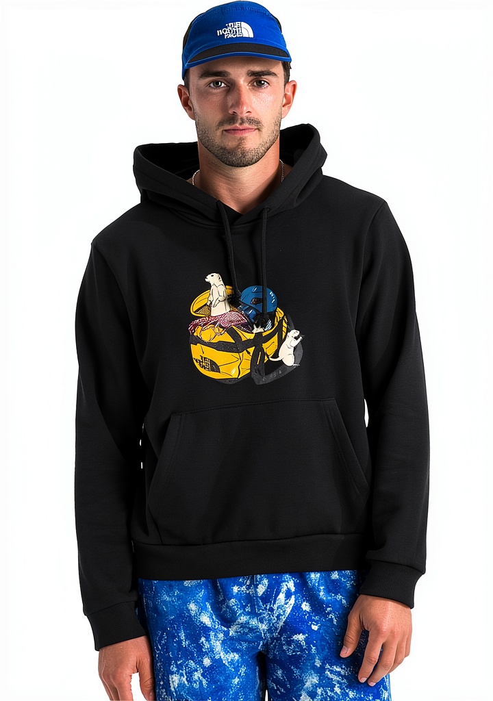 The North Face Men's Woodland Wanderer Hoodie in Tnf Black color on a person outdoors