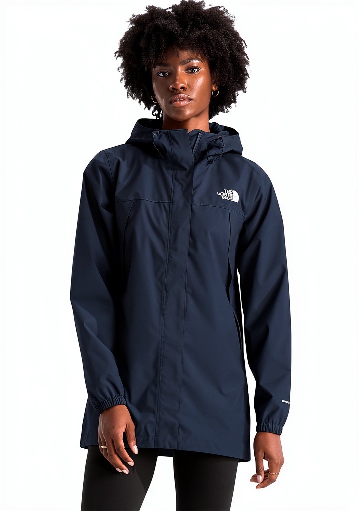 The North Face Women's Antora Rain Parka in Summit Navy color worn during a rainy hike