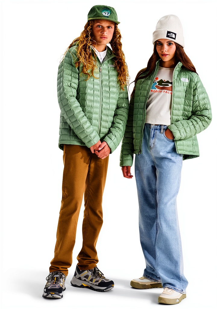 Teen wearing The North Face Thermoball Jacket on a snowy trail