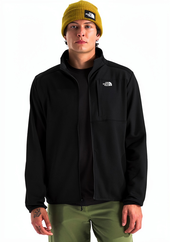 The North Face Men's Performance Fleece Jacket in Dusk Blue color on a hiking trail