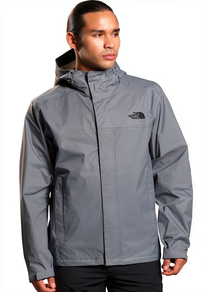 North Face men's shell jacket laid flat on a wooden table with all features highlighted