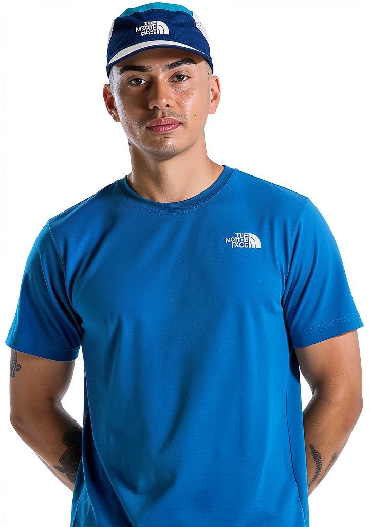North Face Men's 24/7 Short-Sleeve Tee in Meridian Blue worn during a hike