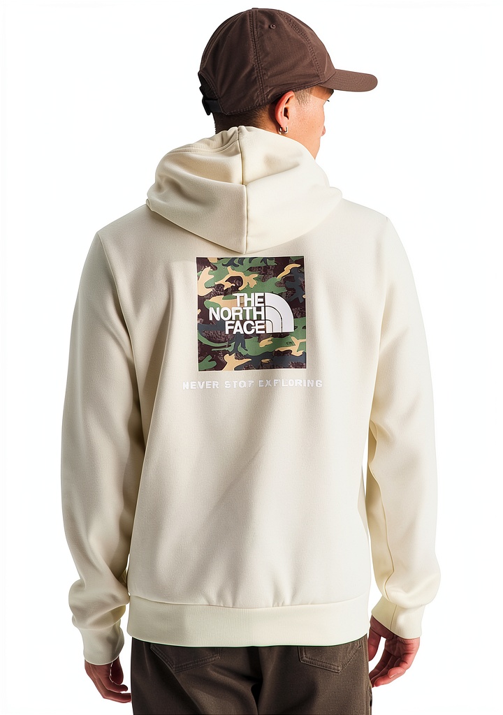 The North Face Box Camo Hoodie Men Outdoor Cotton Blend displayed on a wooden table, showing texture and camo pattern