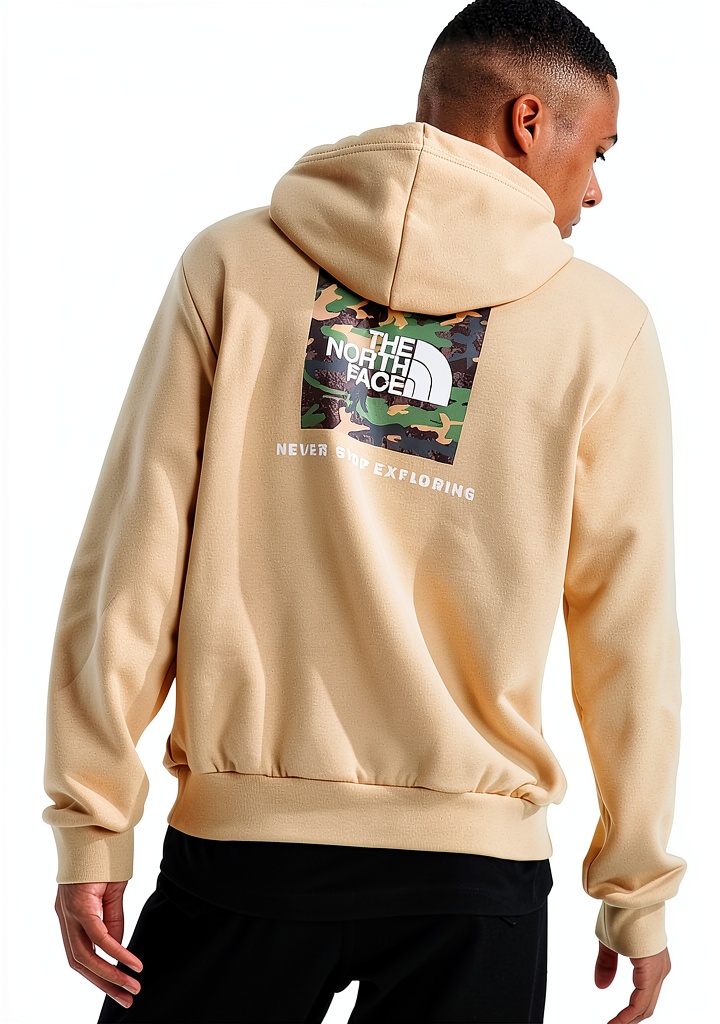 The North Face Box Camo Fill Hoodie in Gravel color worn during a hike