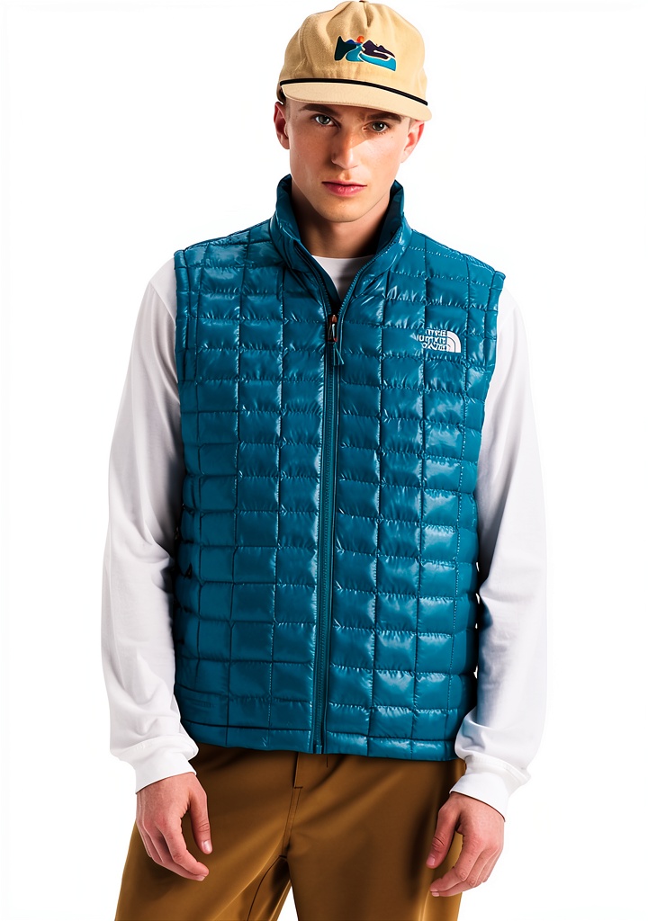 The North Face ThermoBall Vest in Woodland Green worn during a hike